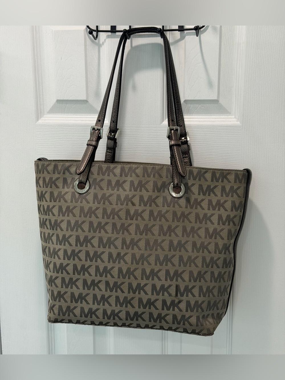 Michael Kors Brown MK Monogram Tote with Dark Brown Straps